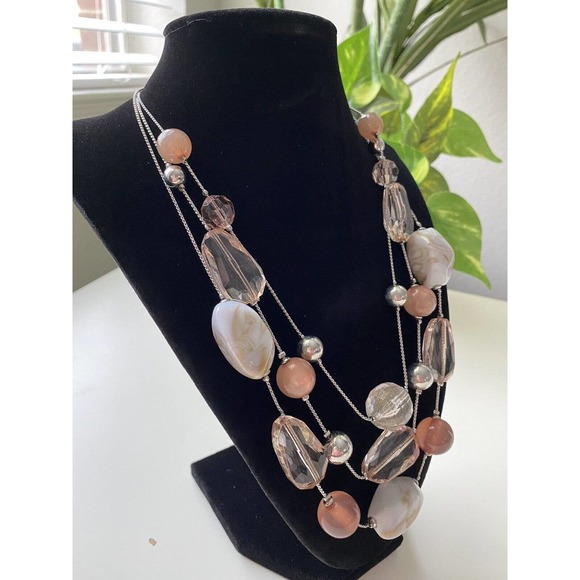 NY Jewelry Multi Strand Necklace W/ Stones pink Clear Marble Signed 20” Long - Picture 3 of 6
